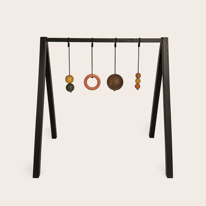 Wooden baby gym that transforms into a children's bookshelf. Play & Read in Black Oak with Earth Palette by Woodsie Wonder.
